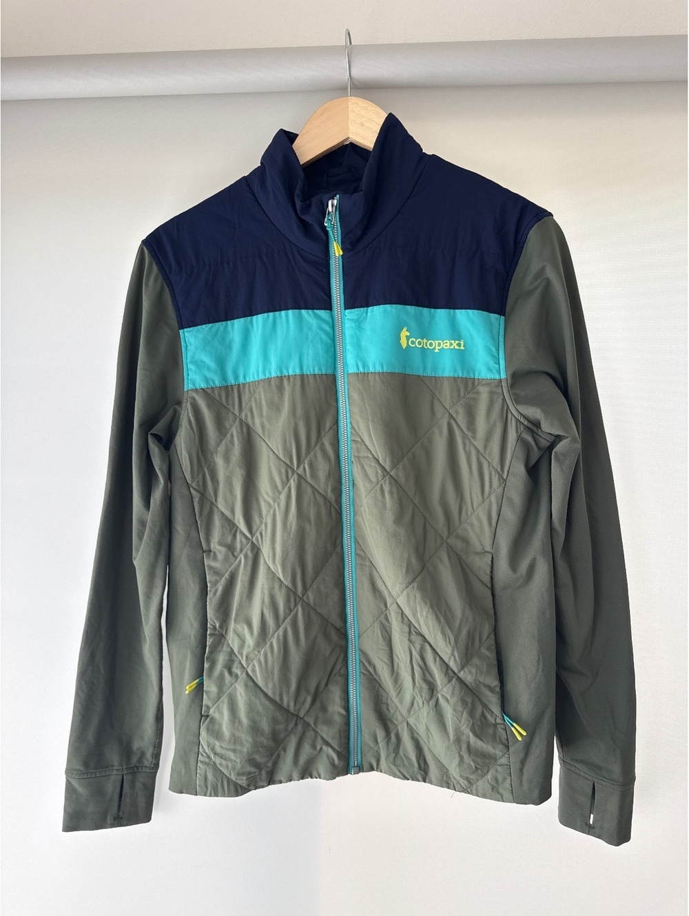 Cotopaxi Mens Small Insulated Hybrid Jacket Green Teal Navy Colorblock Outdoor